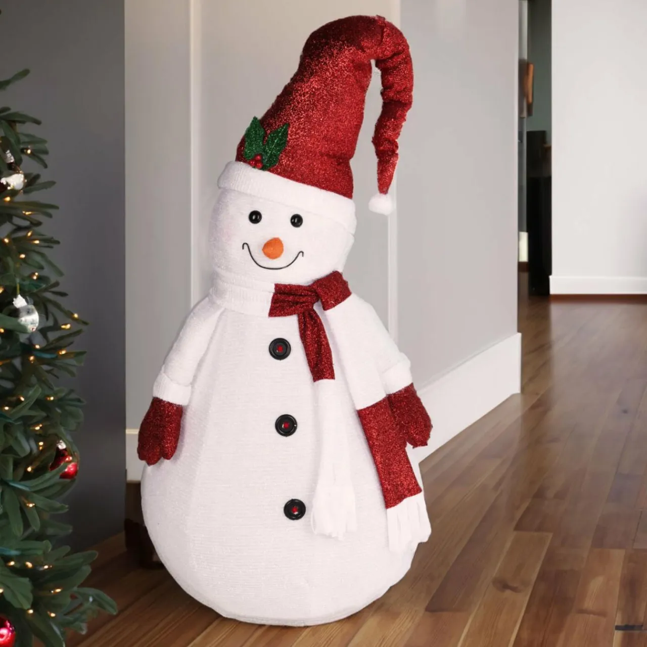 KOOPMAN Bonhomme de neige lumineux à piles (H140 cm) Pliable pailleté Rouge Discount