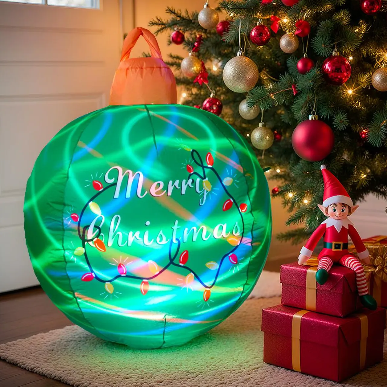 KOOPMAN Boule de Noël gonflable et lumineuse LED (D90 cm) Merry Christmas e Vert Outlet