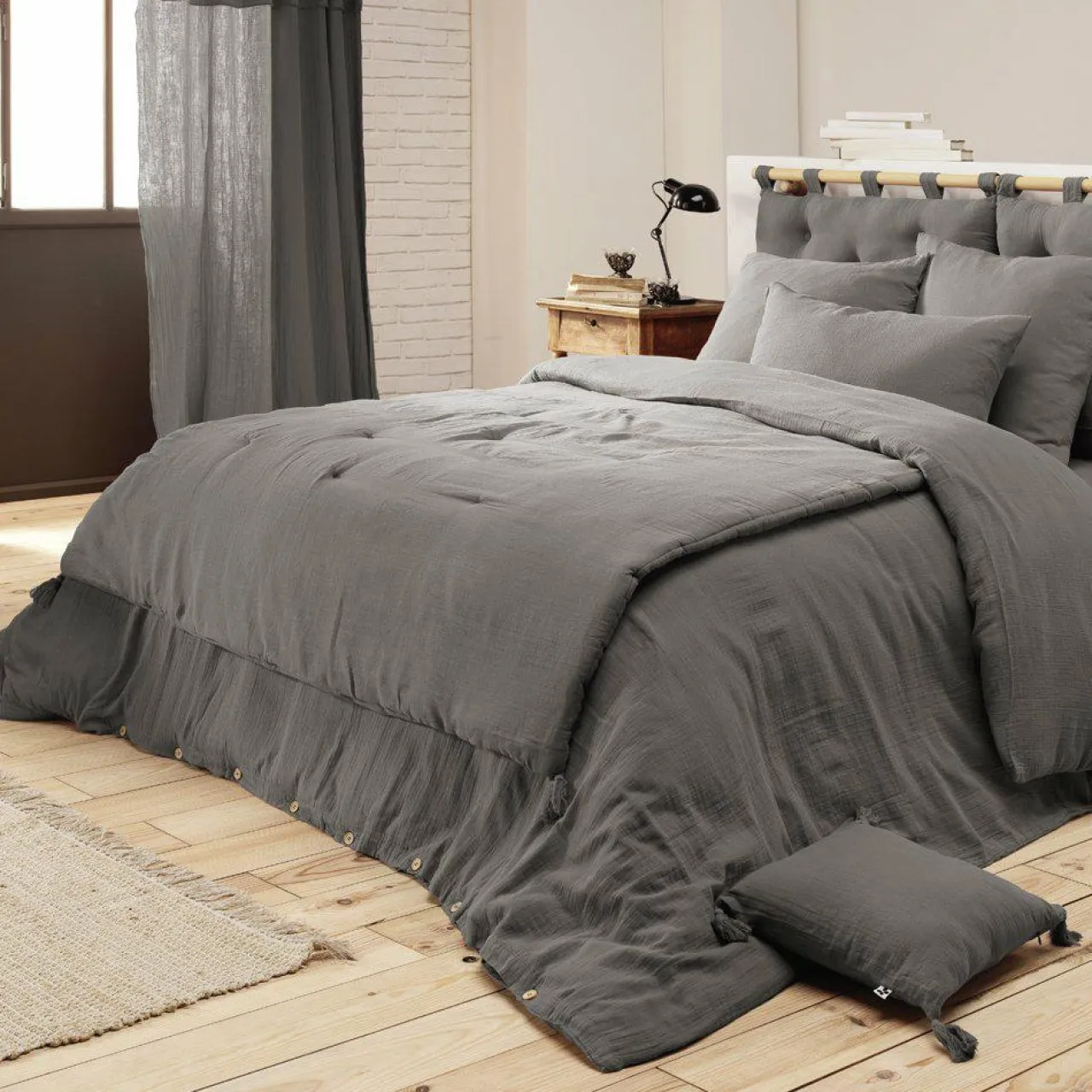 EMINZA Cache-sommier Gaze de coton (180 x 200 cm) Gaïa Gris granit Gris foncé New