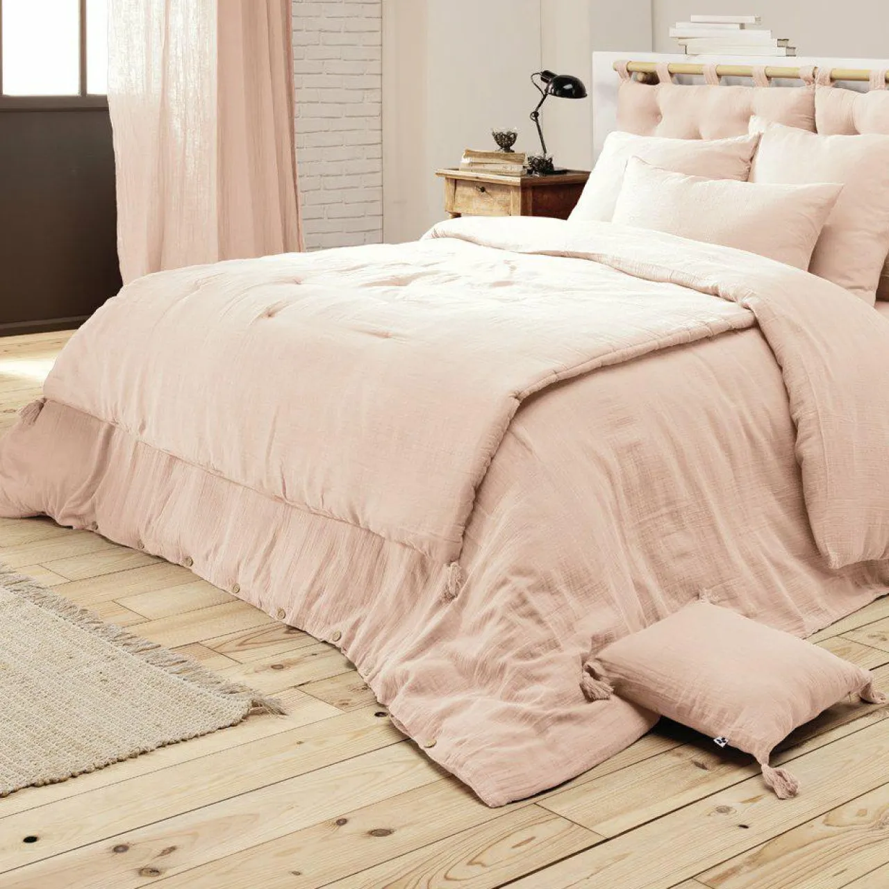 EMINZA Cache-sommier Gaze de coton (140 x 190 cm) Gaïa Rose poudré Discount