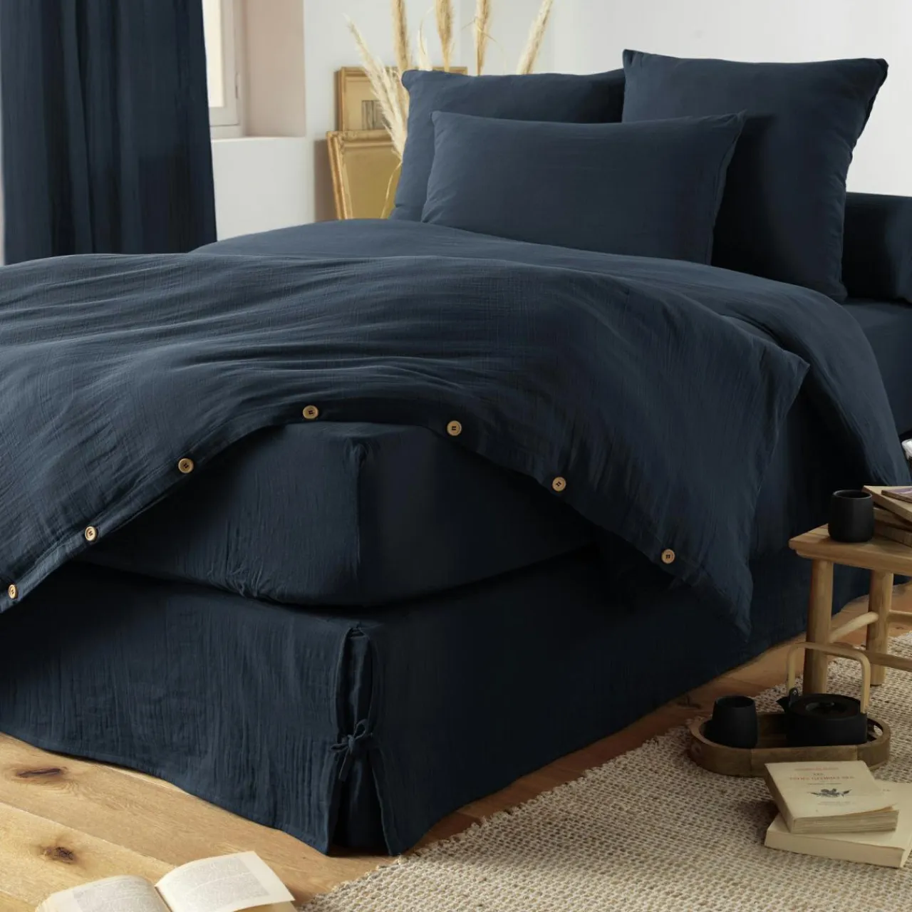EMINZA Cache-sommier Gaze de coton (160 x 200 cm) Gaïa Bleu nuit Discount