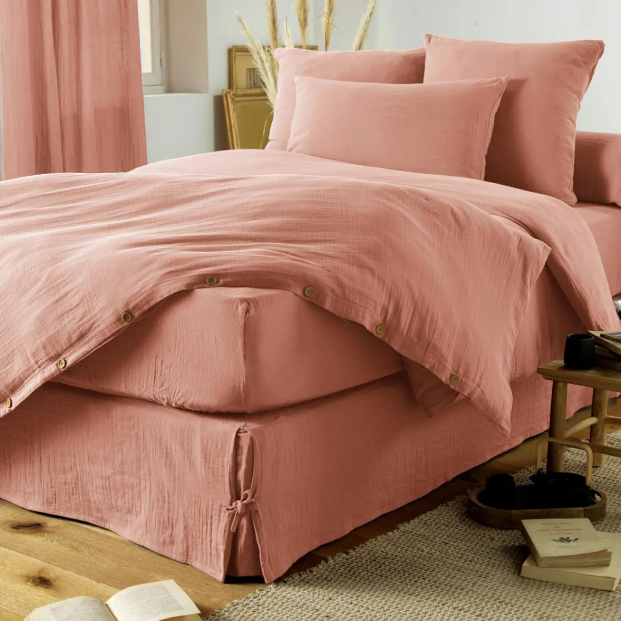 EMINZA Cache-sommier Gaze de coton (160 x 200 cm) Gaïa Rose Pêche Discount