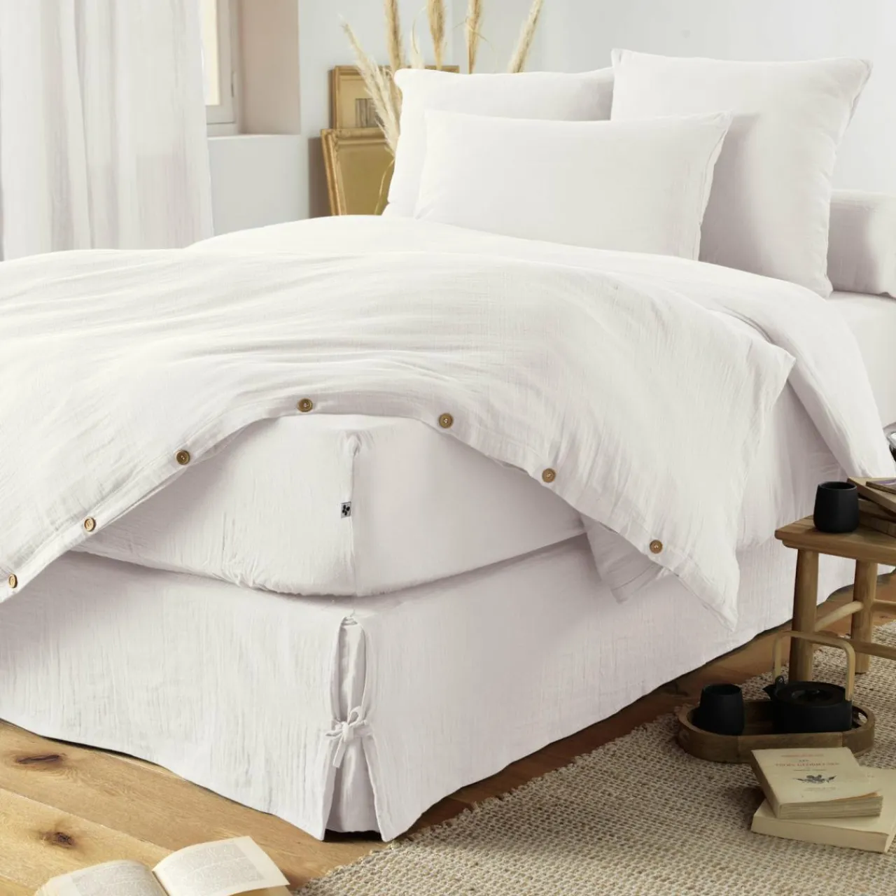 EMINZA Cache-sommier Gaze de coton (160 x 200 cm) Gaïa chantilly Blanc Hot