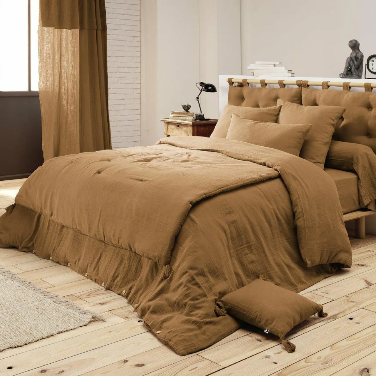 EMINZA Cache-sommier Gaze de coton (160 x 200 cm) Gaïa Camel Best