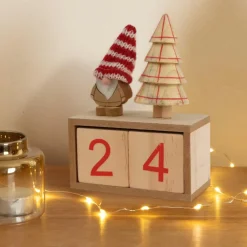 KAEMINGK Calendrier de Noël cubes en bois (H18 cm) Père Noël bonnet Rouge Naturel New