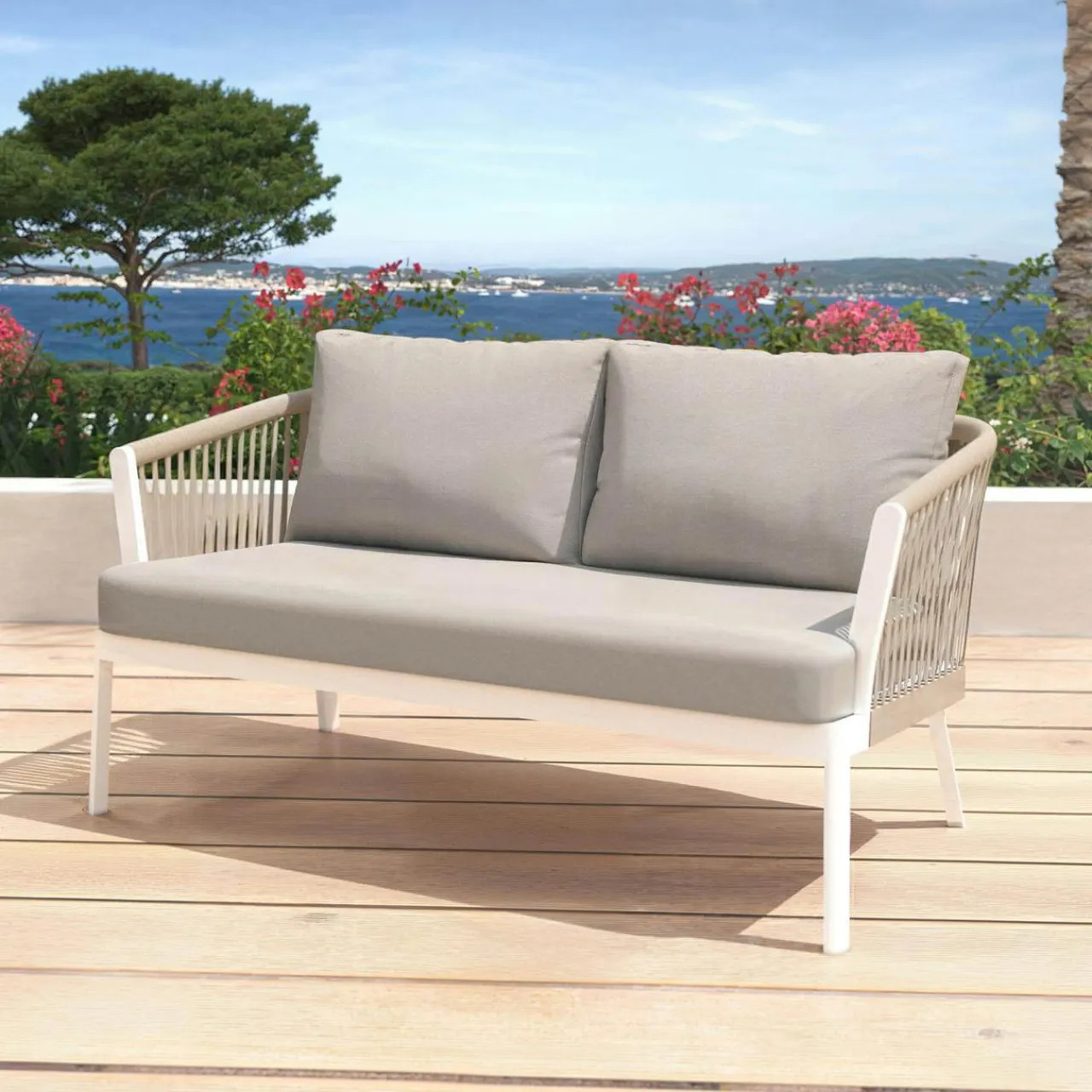MOBELLIA Canapé de jardin en aluminium 2 places Amalfi Blanc et taupe Blanc - Taupe Hot