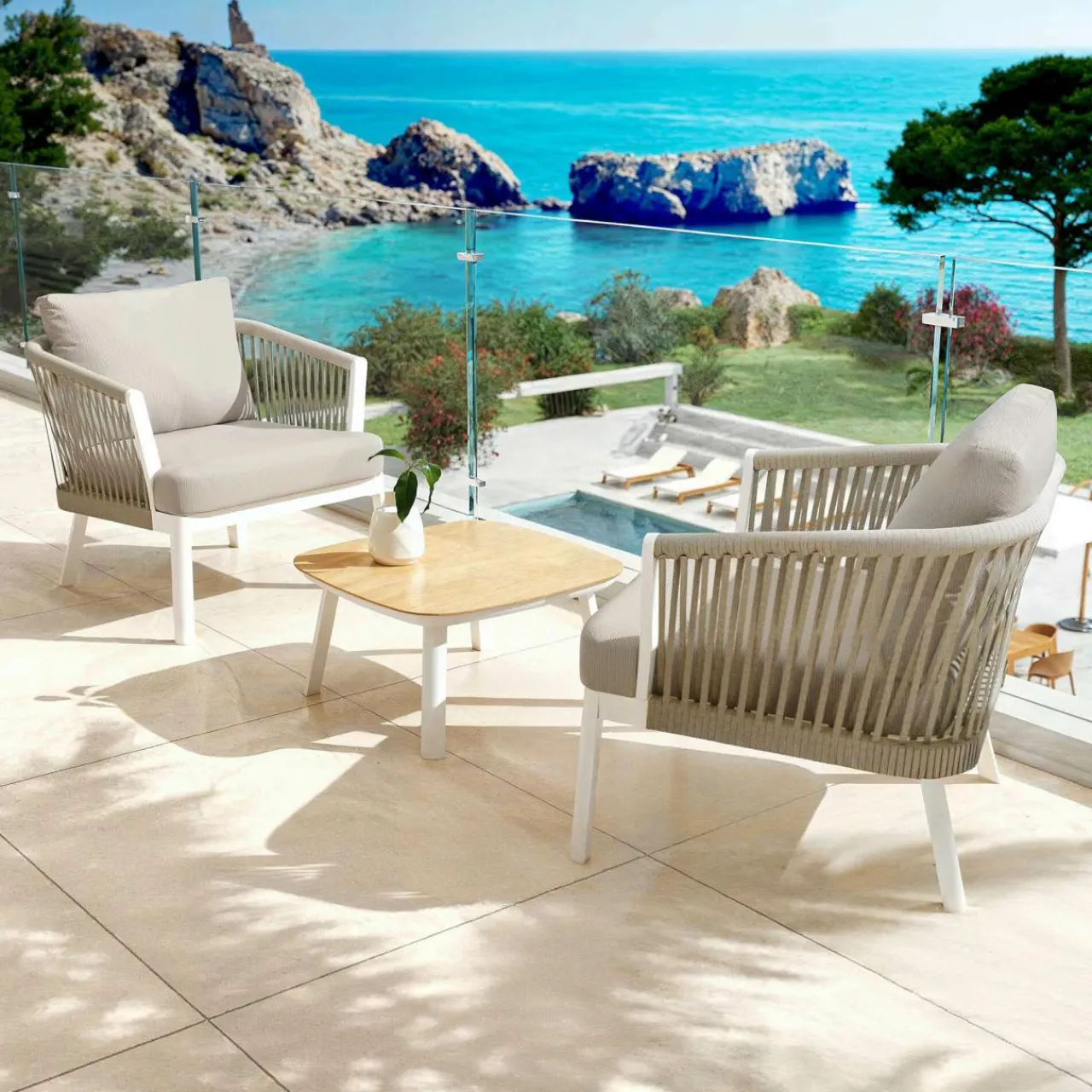 MOBELLIA Canapé de jardin en aluminium 2 places Amalfi Blanc et taupe Blanc - Taupe Hot