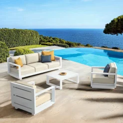 MOBELLIA Canapé de jardin en aluminium 3 places Elba Blanc et beige Blanc - Beige Online