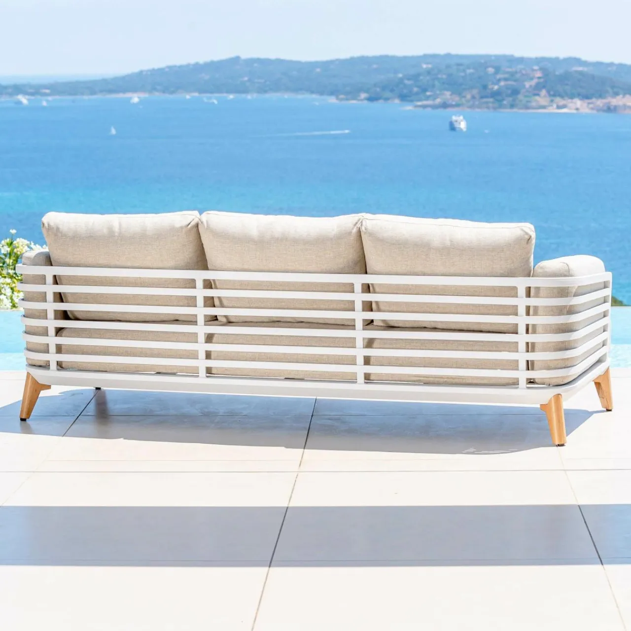 MOBELLIA Canapé de jardin en aluminium 3 places Monte Carlo Blanc et taupe Blanc - Taupe New