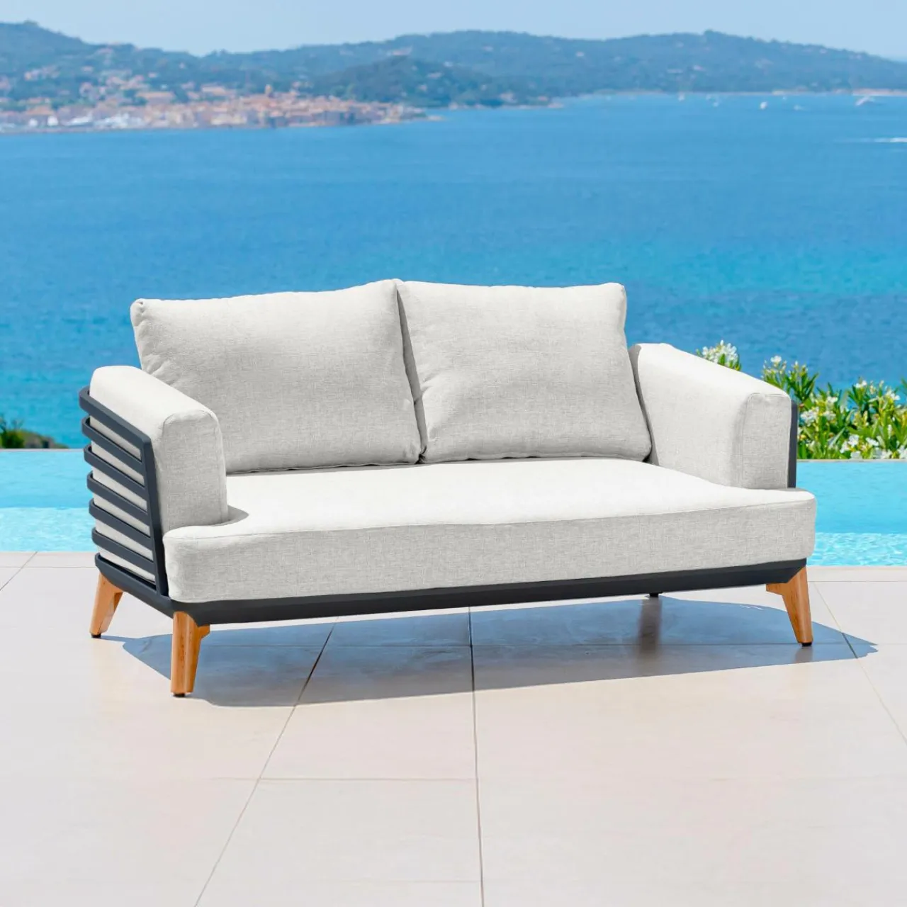 MOBELLIA Canapé de jardin en aluminium 2 places Monte Carlo Gris anthracite et gris clair Anthracite - Gris Clair New