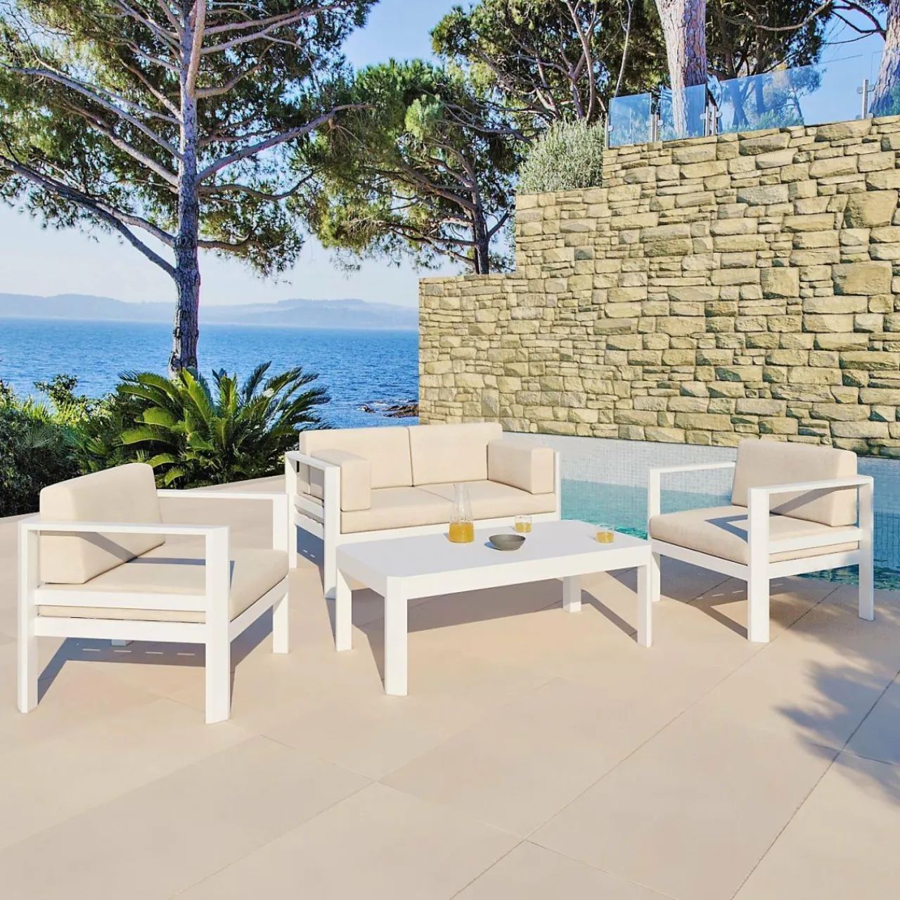 MOBELLIA Canapé de jardin en aluminium 2 places Ostara et taupe Blanc Sale