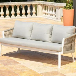 MOBELLIA Canapé de jardin en aluminium 3 places Amalfi Blanc et taupe Blanc - Taupe Discount