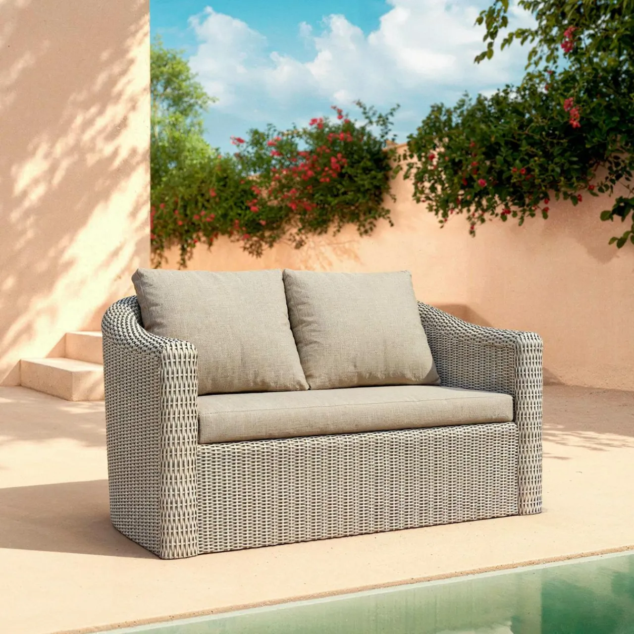 MOBELLIA Canapé de jardin en résine tressée 2 places Calvi Gris et taupe Tressé Gris - Taupe Outlet