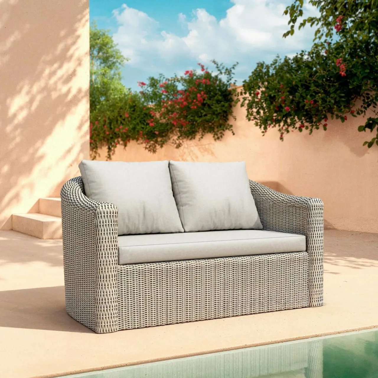 MOBELLIA Canapé de jardin en résine tressée 2 places Calvi Gris clair Tressé Gris - Gris clair