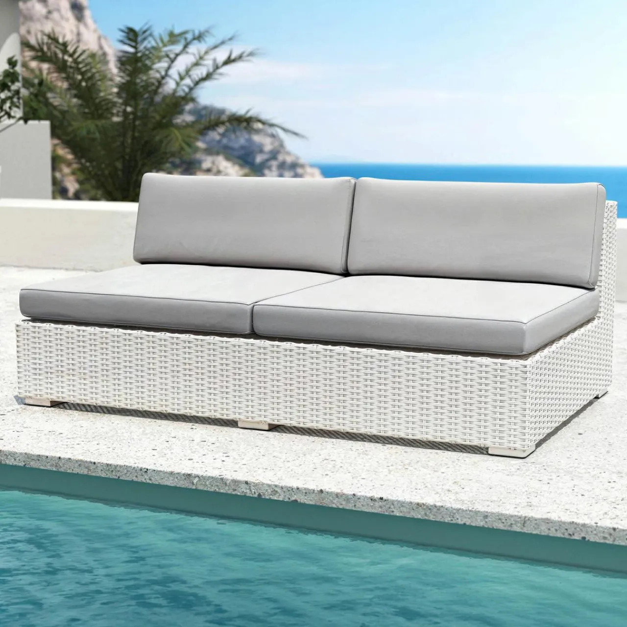 MOBELLIA Chauffeuse de jardin en résine tressée 2 places Palma Blanc et gris Tresse Blanc - Gris Sale