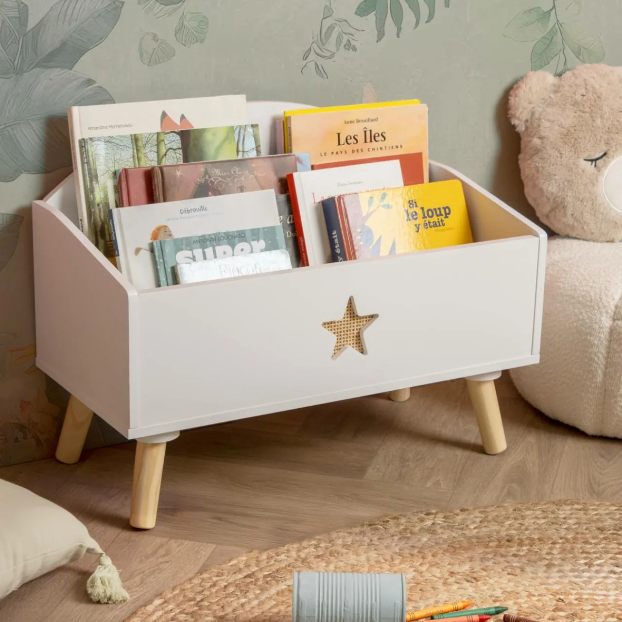 EMINZA Coffre à jouet ouvert enfant bois (H44 cm) Stars Blanc Best