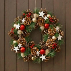 Feeric Lights & Christmas Couronne de Noël (D35 cm) Houx baies et étoiles Rouge Sale