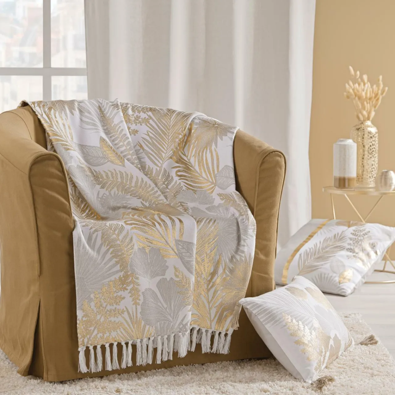douceur d'intu017drieur Coussin carré coton (50 x 50 cm) Melisse Or Sale