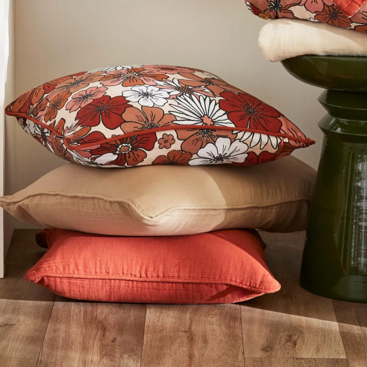 EMINZA Coussin carré gaze de coton (45 x 45 cm) Gaïa Azalée Terracotta