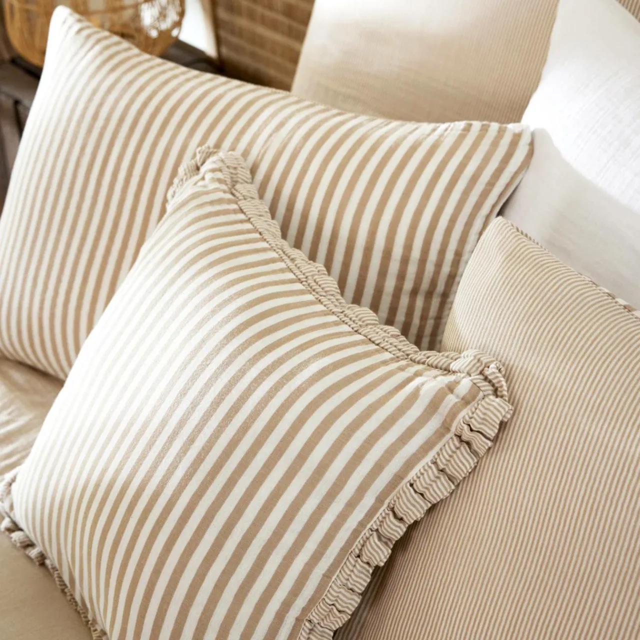 EMINZA Coussin carré gaze de coton (45 x 45 cm) Gaïa rayures Ficelle Rayure Ficelle New