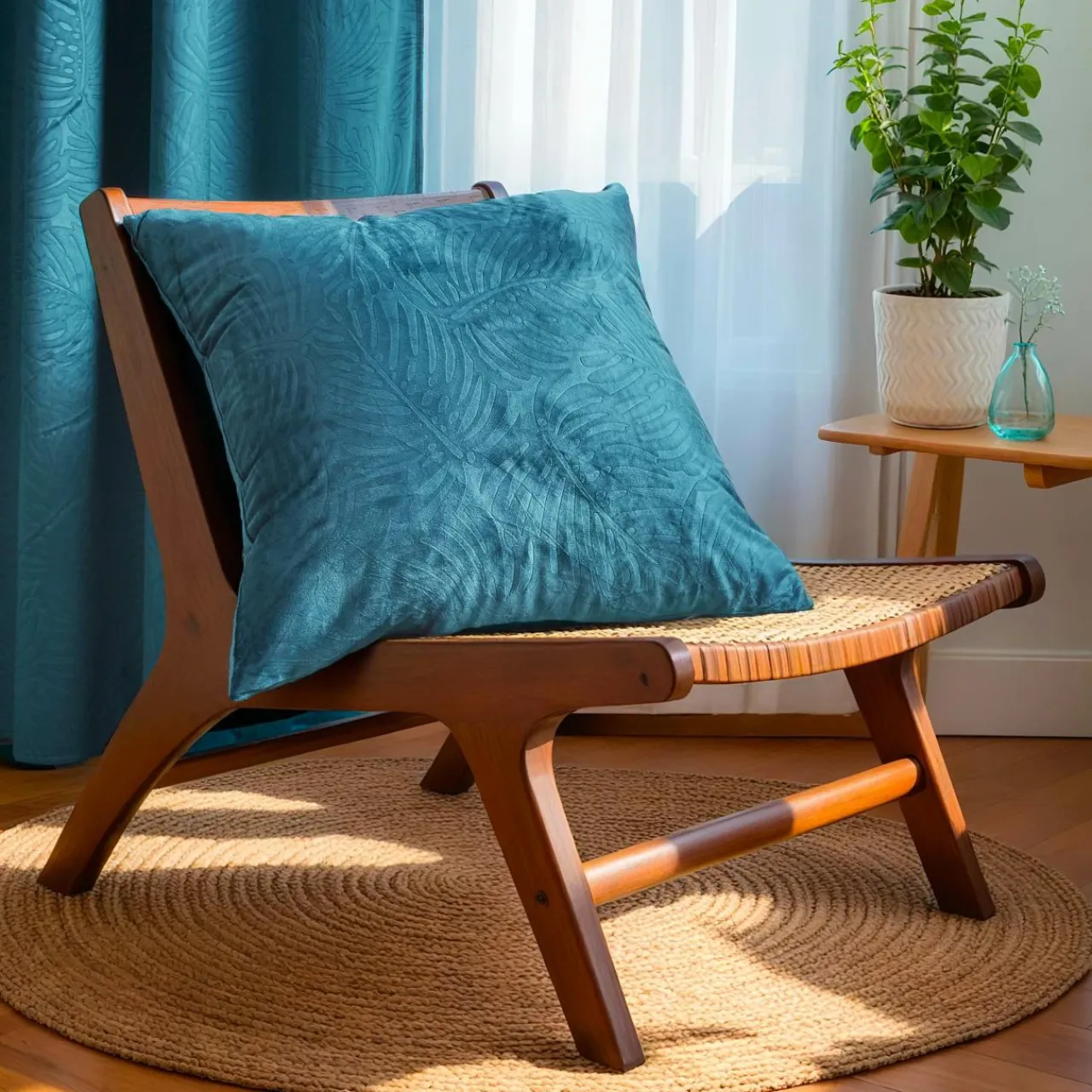 EMINZA Coussin carré velours (60 x 60 cm) Fern Bleu pétrole Hot