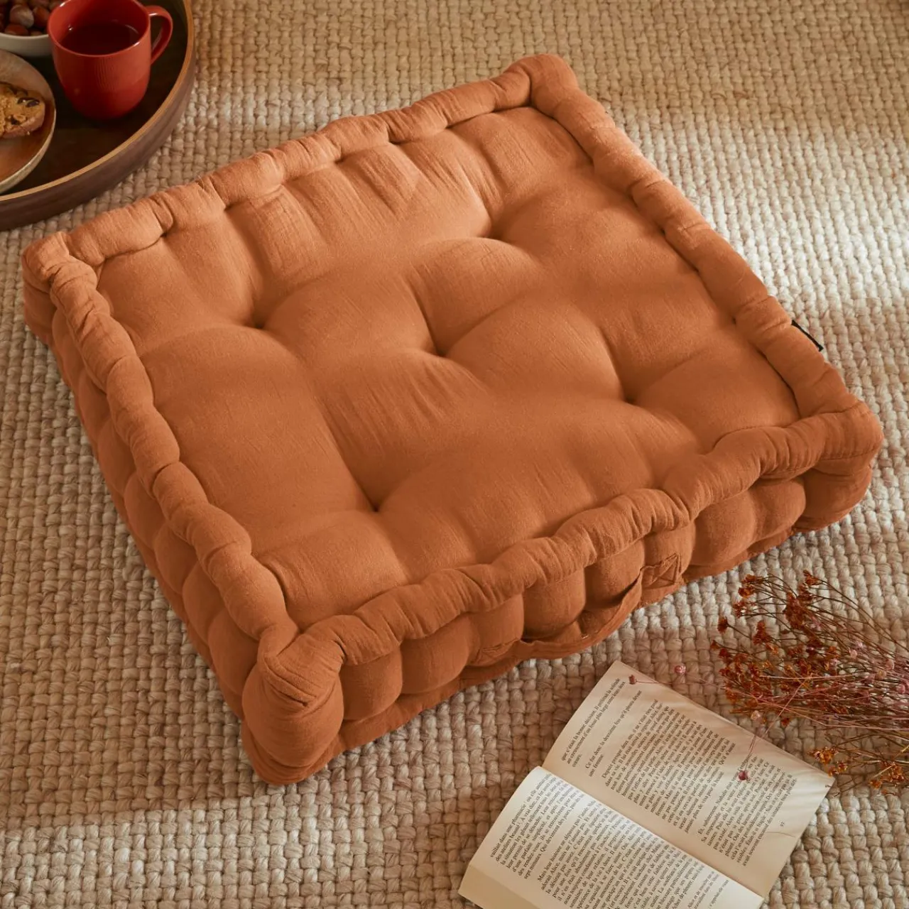 EMINZA Coussin de sol carré gaze de coton (50 x 50 cm) Gaïa Abricot Hot