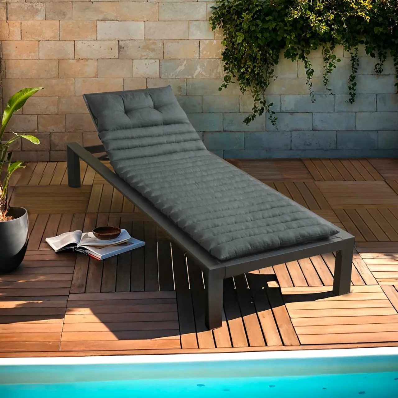 EMINZA Coussin de transat capitonné (180 x 60 cm) Sunset Gris Anthracite Clearance