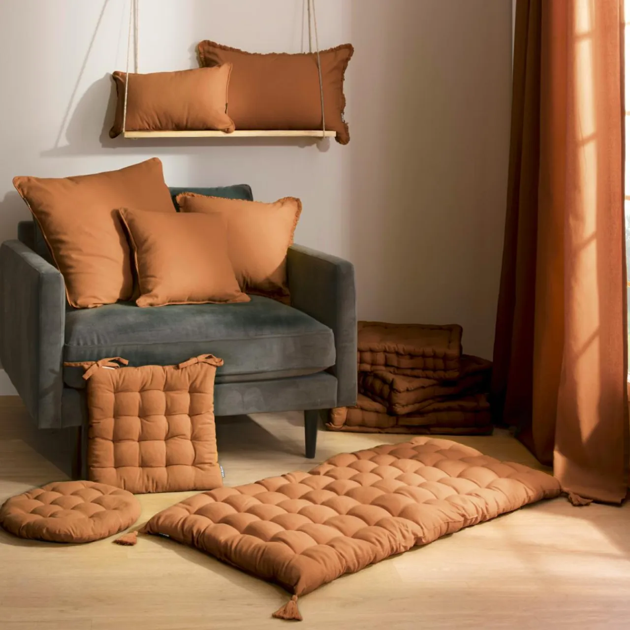 EMINZA Coussin rectangulaire coton (40 x 60 cm) Pixel franges Camel Discount