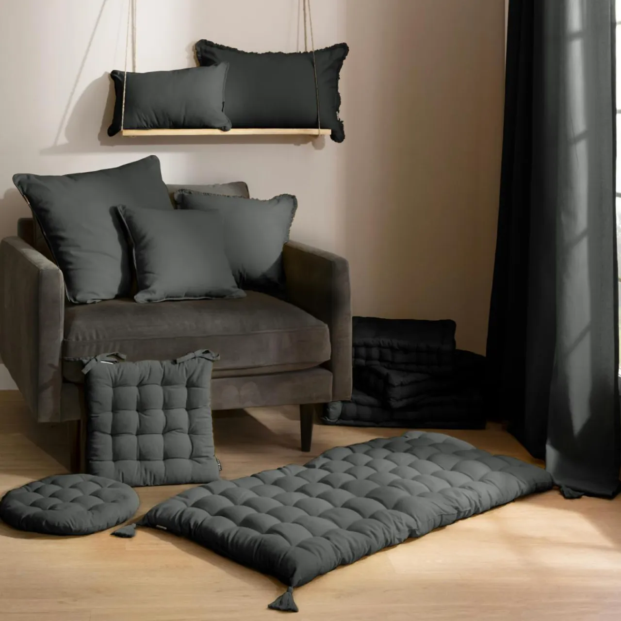 EMINZA Coussin rectangulaire coton (30 x 50 cm) Pixel Gris Anthracite Outlet