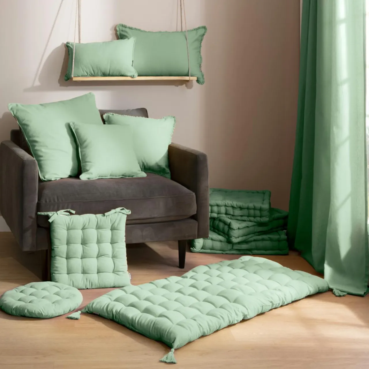 EMINZA Coussin rectangulaire coton (40 x 60 cm) Pixel franges Vert menthe Best