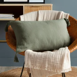EMINZA Coussin rectangulaire gaze de coton (40 x 60 cm) Gaïa Vert romarin Sale