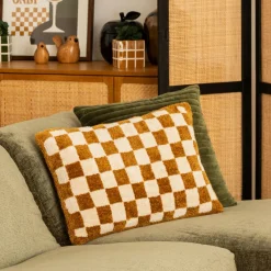 Atmosphera, cru017dateur d'intu017drieur Coussin rectangulaire tufté (38 x 58 cm) Damier Jaune ocre Discount