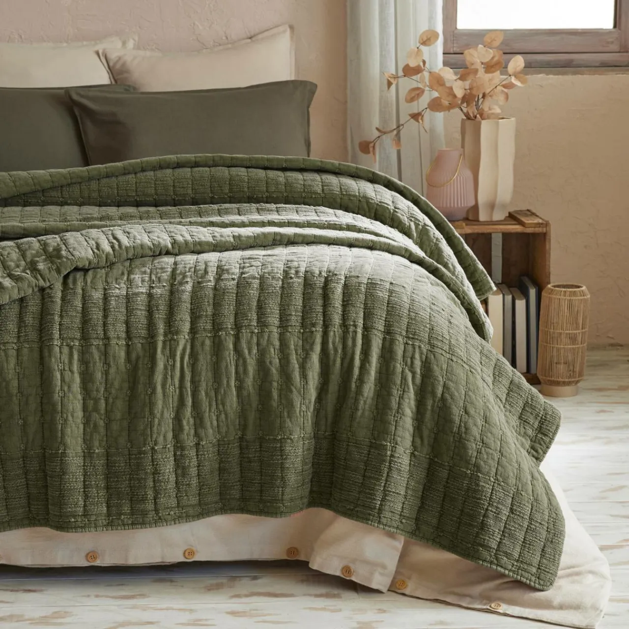 EMINZA Couvre-lit coton matelassé (220 x 240 cm) Lena Vert romarin Online