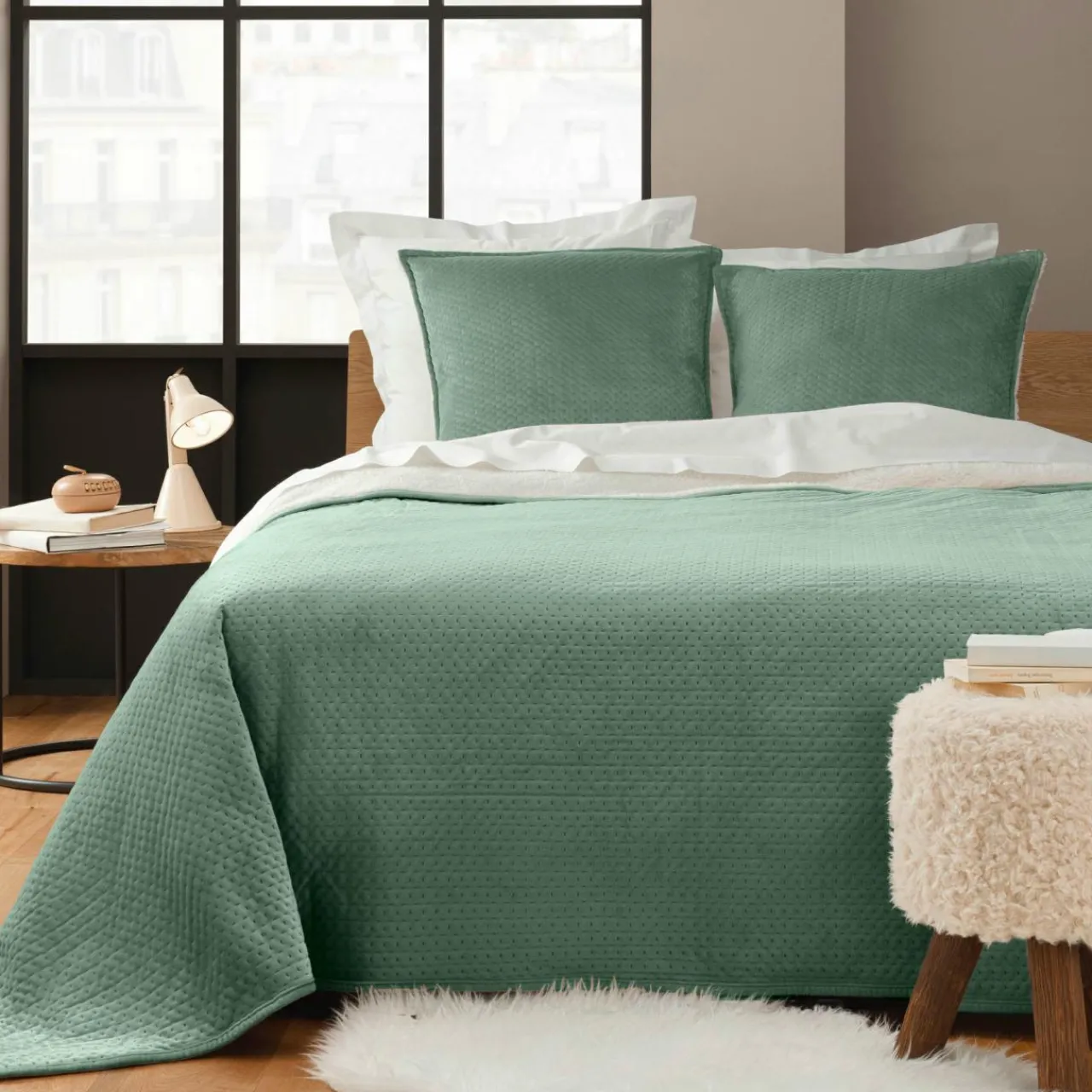 douceur d'intu017drieur Couvre-lit matelassé et deux taies d'oreiller velours (220 x 240 cm) Mylène cédre Vert Best