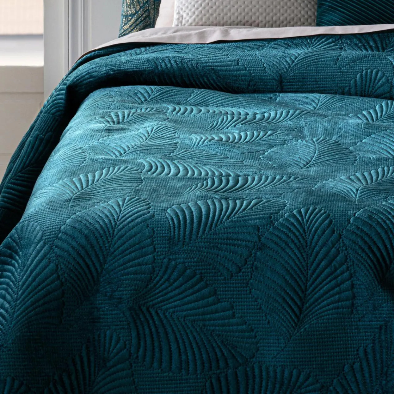 ATMOSPHERA Couvre-lit (260 x 240 cm) Feuilles Bleu canard Best