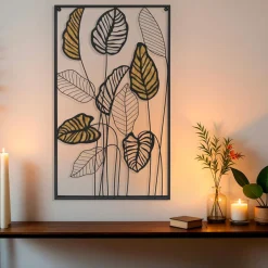 EMINZA Décoration murale en métal (H82 cm) Feuilles en ratan Noir Sale