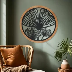 EMINZA Décoration murale ronde en métal (D60 cm) Ginkgo Noir Best