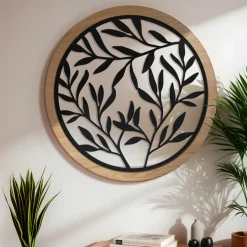 EMINZA Décoration murale ronde en métal (D60 cm) Éclat de Feuille Noir Outlet