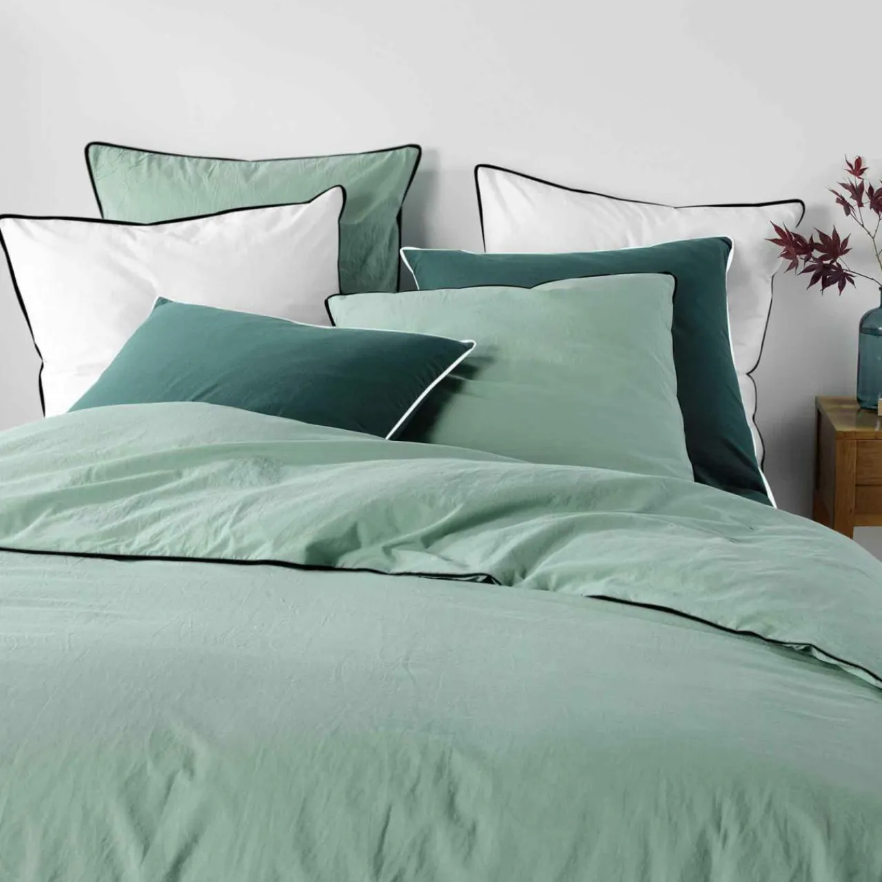 DOUCEUR D'INTERIEUR Drap housse coton lavé (140 x 190 cm) Linette Vert sauge Online