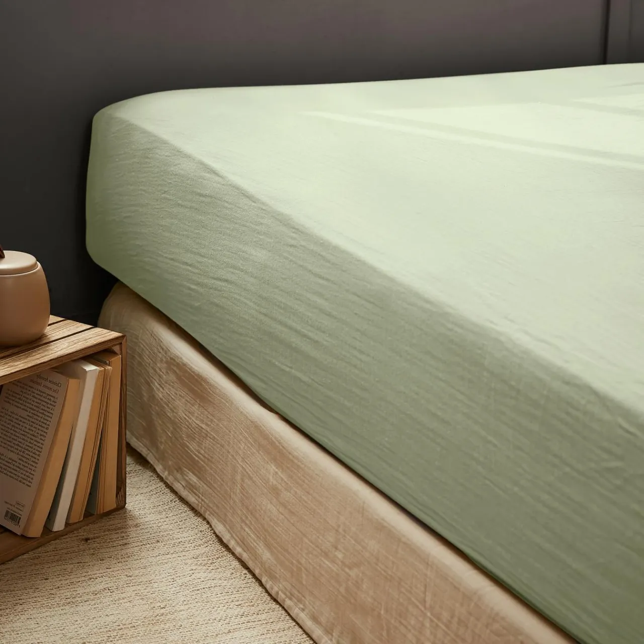 EMINZA Drap housse gaze de coton (160 x 200 cm) Gaïa Vert tilleul Discount