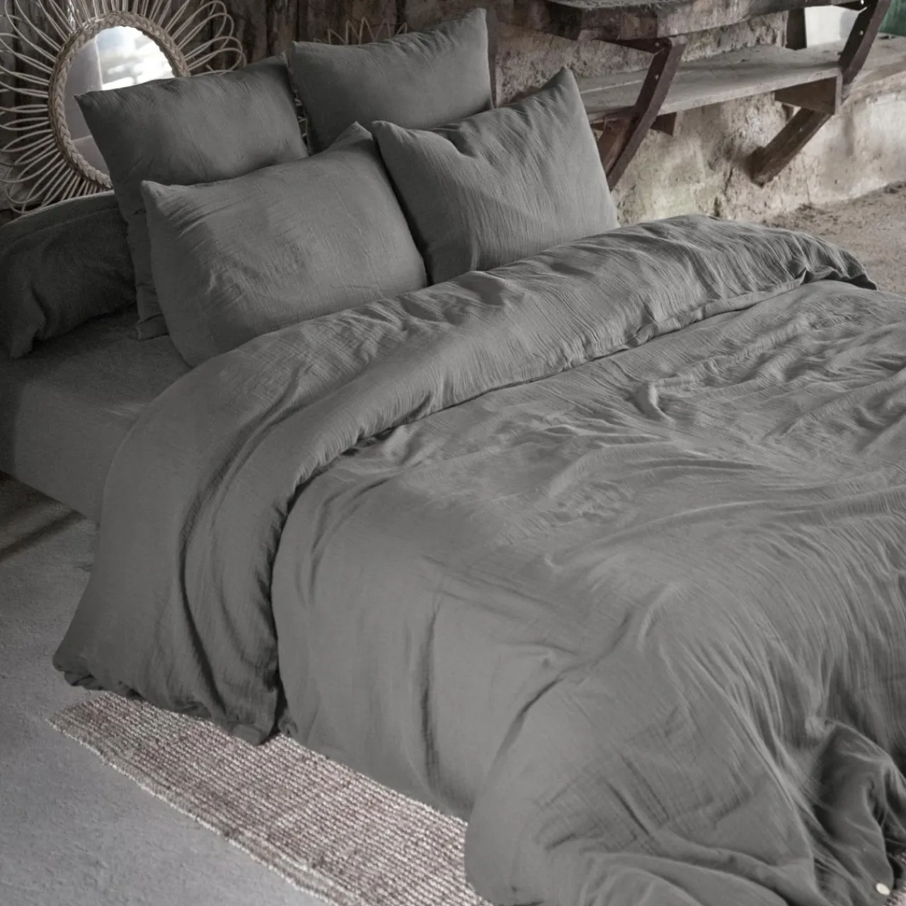 EMINZA Drap housse gaze de coton (160 x 200 cm) Gaïa Gris granit Gris foncé Discount