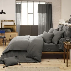 EMINZA Drap housse gaze de coton (180 x 200 cm) Gaïa Gris granit Gris foncé Clearance