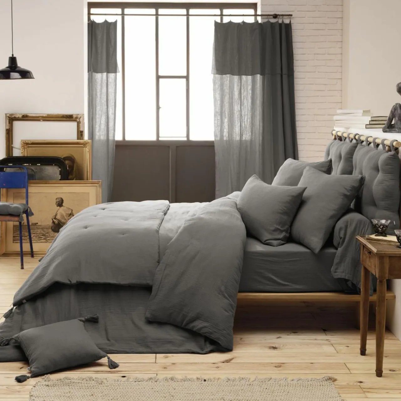 EMINZA Drap housse gaze de coton (180 x 200 cm) Gaïa Gris granit Gris foncé Clearance