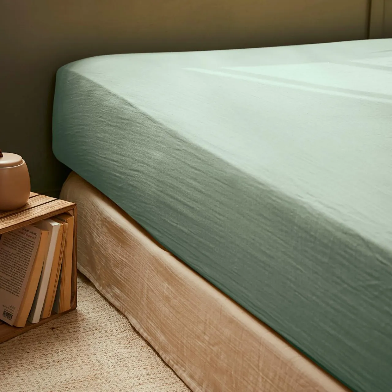 EMINZA Drap housse gaze de coton (200 x 200 cm) Gaïa Vert Eucalyptus Sale