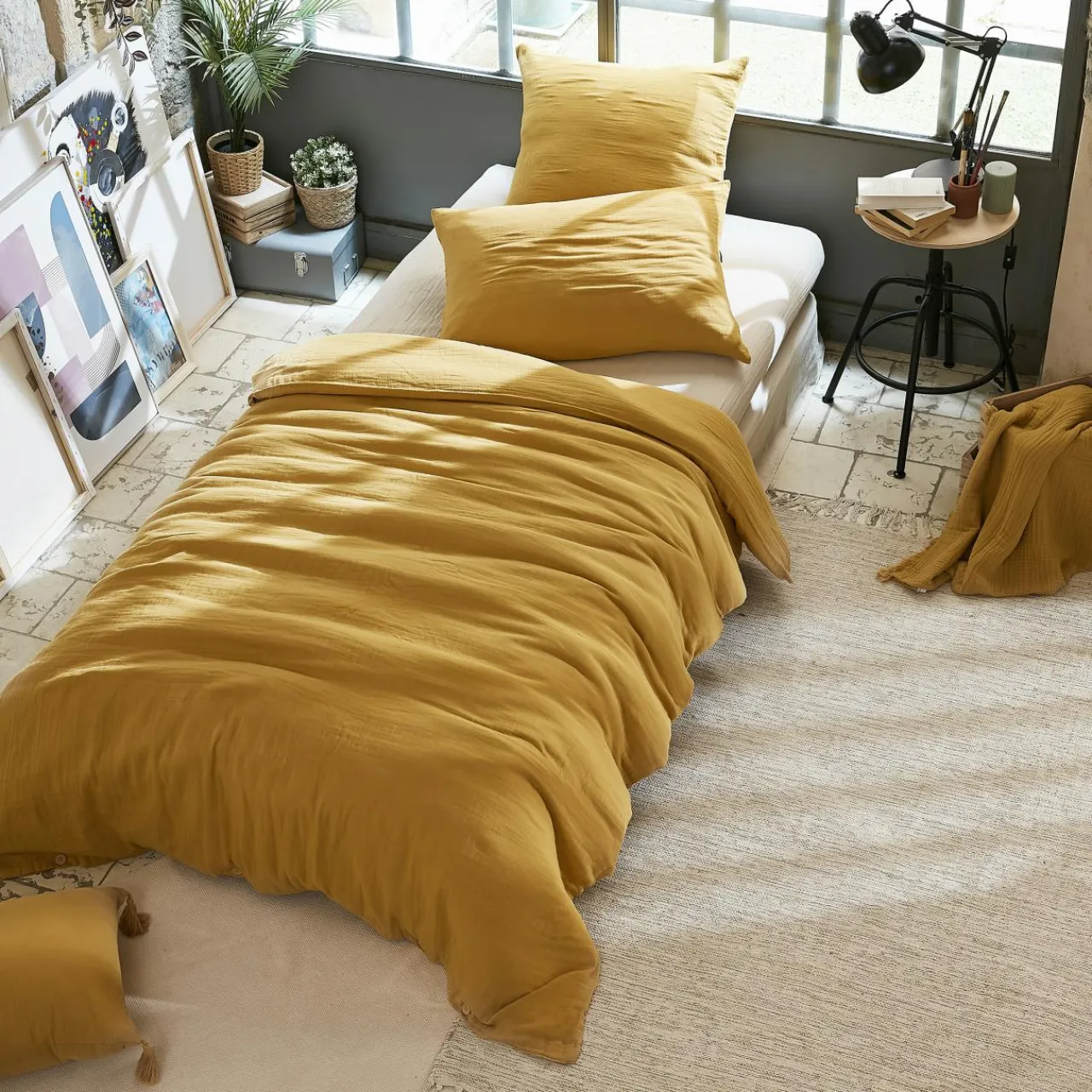 EMINZA Drap housse gaze de coton (90 x 190 cm) Gaïa Jaune safran New