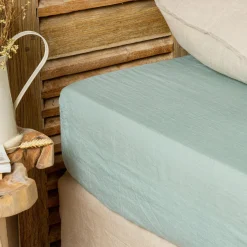EMINZA Drap housse lin lavé (160 x 200 cm) Louise Vert Eucalyptus Clearance