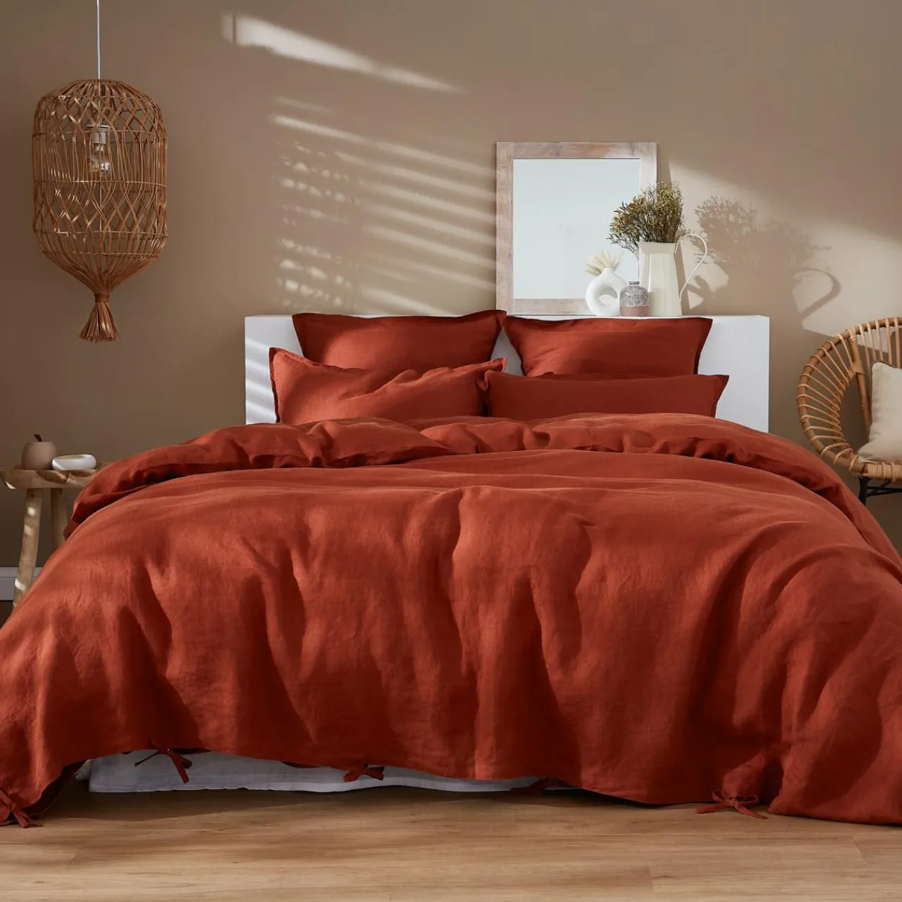 EMINZA Drap housse lin lavé (180 x 200 cm) Louise Terracotta Best