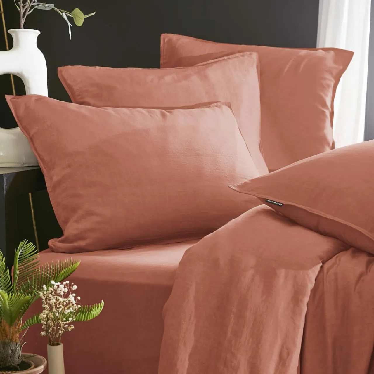 EMINZA Drap housse lyocell Tencel™ lavé (140 x 190 cm) Olivia Terracotta Outlet