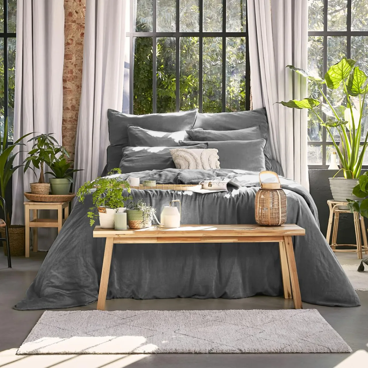 EMINZA Drap housse lyocell Tencel™ lavé (200 x 200 cm) Olivia granit Gris