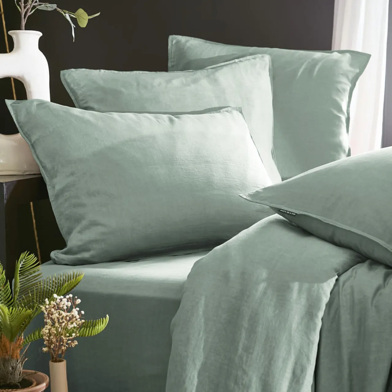 EMINZA Drap housse lyocell Tencel™ lavé (90 x 190 cm) Olivia Vert Eucalyptus Clearance